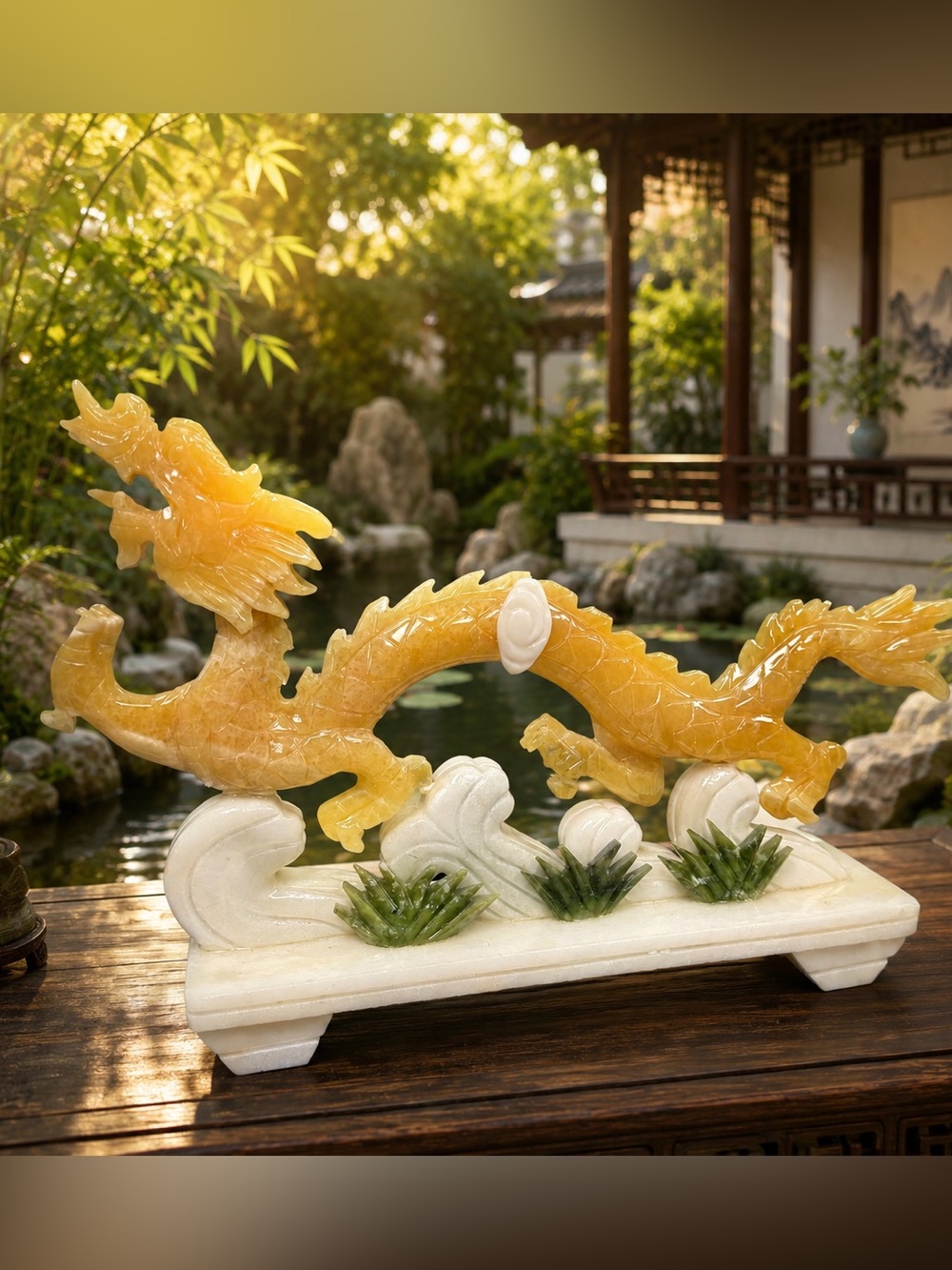 Yellow Jade Carved Stone Serpent Dragon Statue